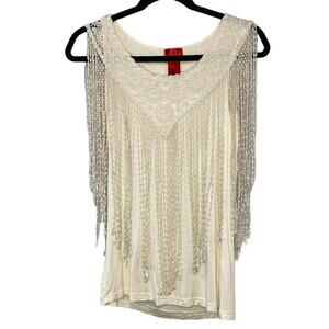 V. Cristina Cream Sleeveless Blouse with Lace and Fringe Detail